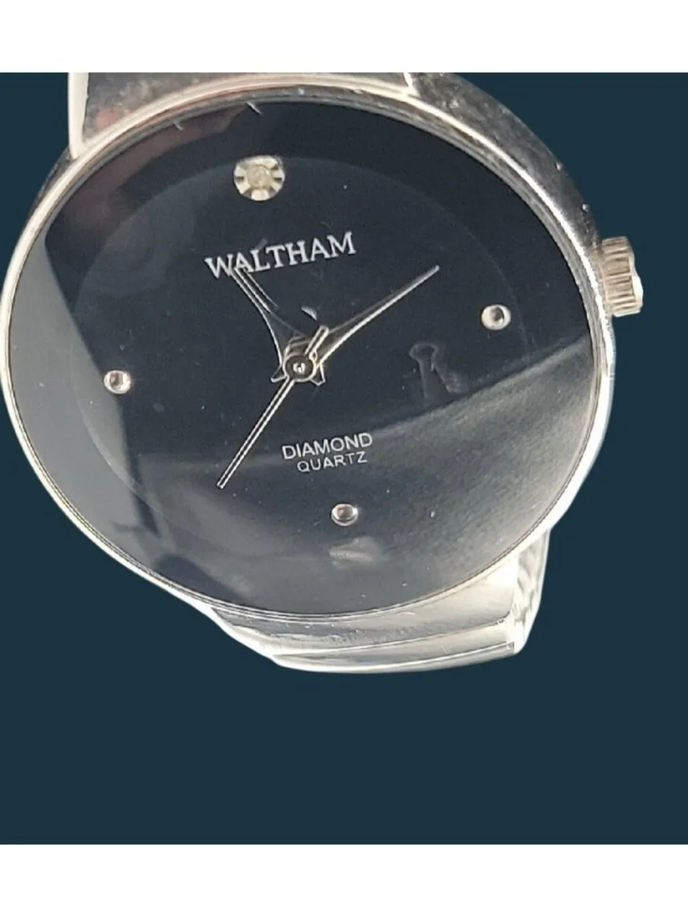 Vintage Waltham Ladies Diamond Quartz Watch 28mm Black Dial Silver Tone Band